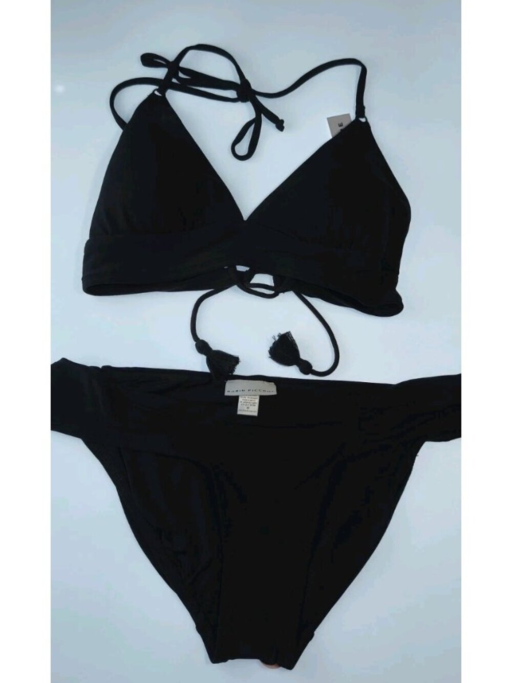 Robin Piccone Black Tassel Wrap Halter Bikini Set Two Piece Women's M NWT
